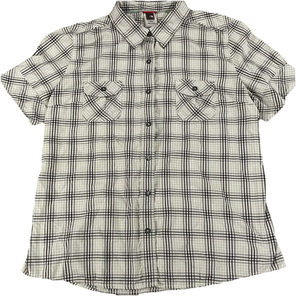 The North Face Women's XL Plaid Shirt Green Gray Button Front Outdoor Hiking - Picture 2 of 11